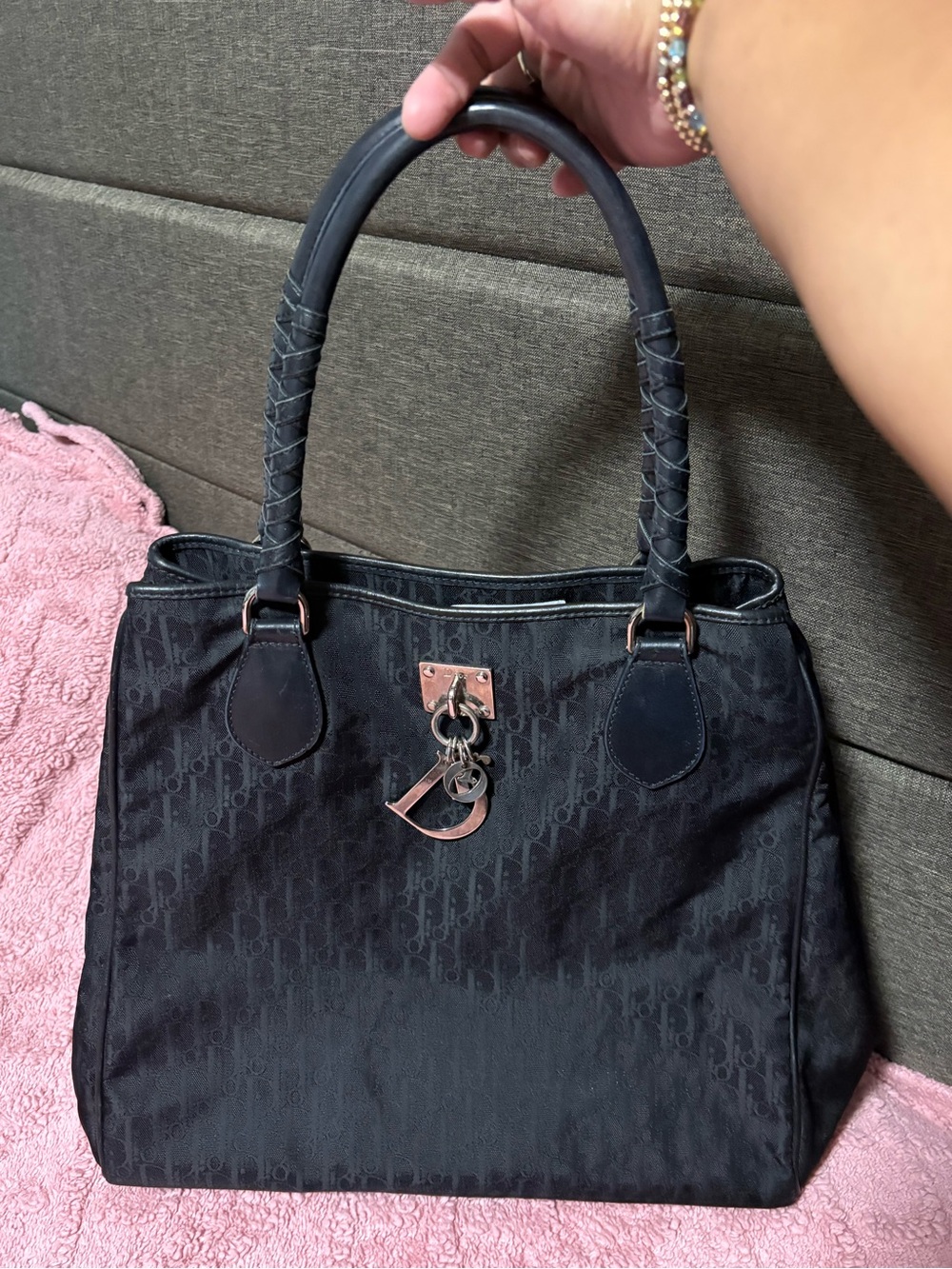 Christian Dior Trotter Braided Handle Tote Bag with Charm Accent